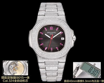 Patek Philippe Nautilus Fake 9015 Movement 316LSteel 40mm Full Diamond With Pink Scales Men Watch